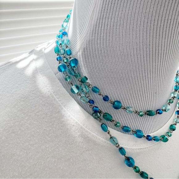 AEO Long Necklace in Shades of Blue Glass Beads and Silver Chain - Picture 7 of 9